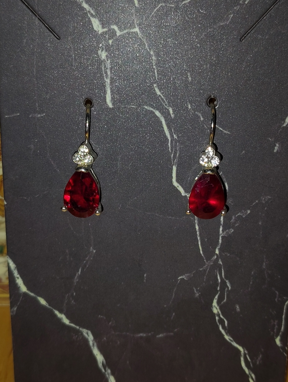 Vintage Y2K Ruby Red Teardrop Earrings | Dainty Silver Rhinestone Drops